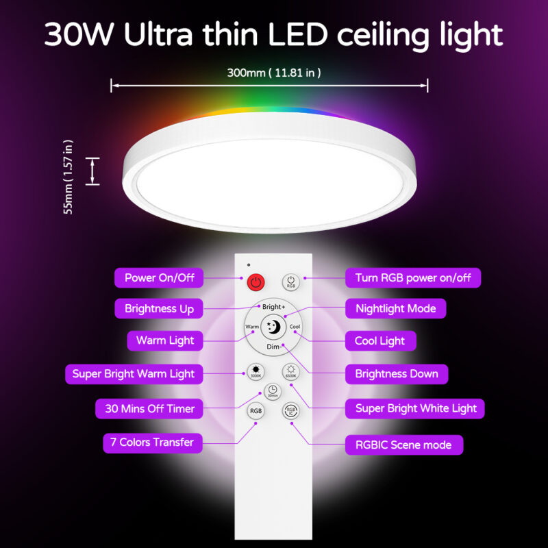 High-quality 30W WIFI Bluetooth RGBIC+CT LED Gaming Room Children's Room Intelligent Colorful Ceiling Light