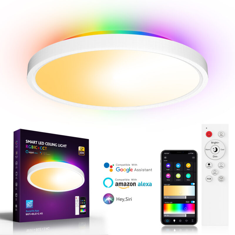 High-quality 30W WIFI Bluetooth RGBIC+CT LED Gaming Room Children's Room Intelligent Colorful Ceiling Light